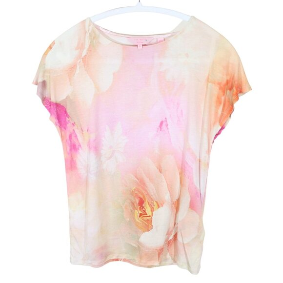 Ted Baker Tops - TED BAKER Lagita Watercolor Rose Tee Dolman Sleeve Lyocell Knit Top Size 0 XS